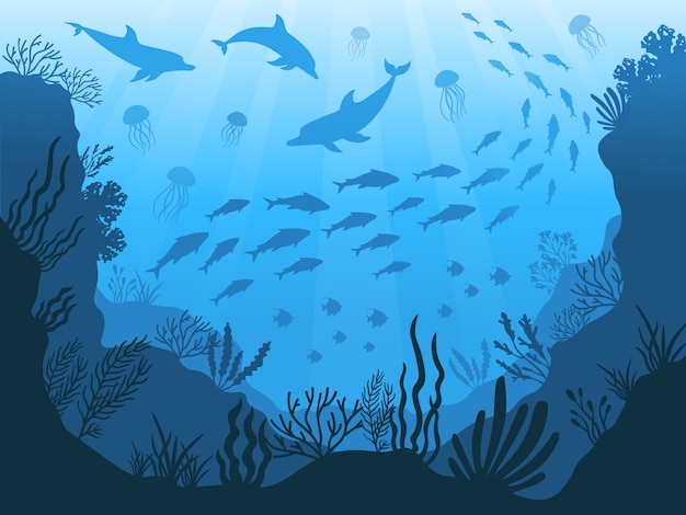 Unterwasser Ozean Fauna Tiefseepflanzen Fische Und Tiere Meeresalgen Fisch Und Tierschattenbildillustration Premium Vektor