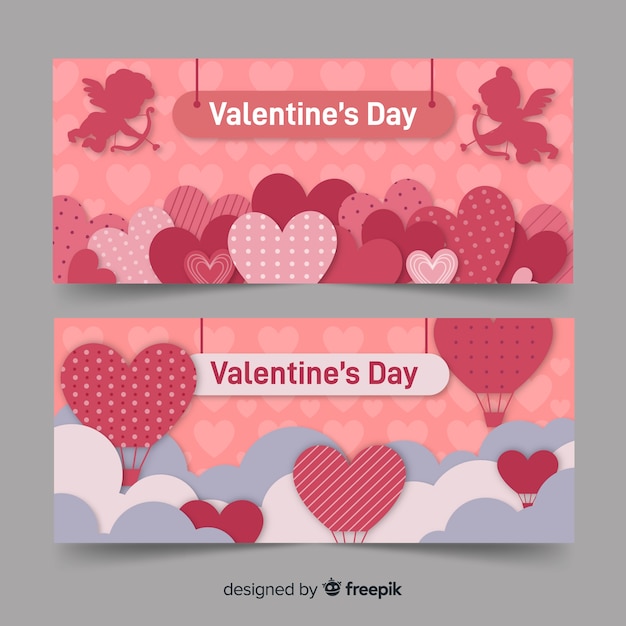 Valentine banner herzen und heißluftballon Kostenlosen Vektoren