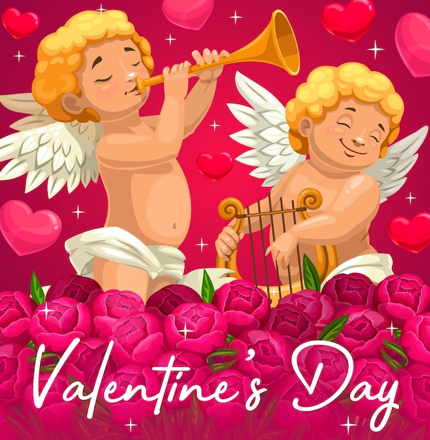 Valentinstag cupids mit herzen und blumen karte der liebe urlaub