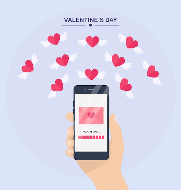 Valentinstag Illustration Senden Oder Empfangen Sie Liebes Sms Briefe E Mails Mit Dem Handy Menschliche Hand Halten Handy Auf Hintergrund Umschlag Fliegendes Rotes Herz Mit Flugeln Premium Vektor