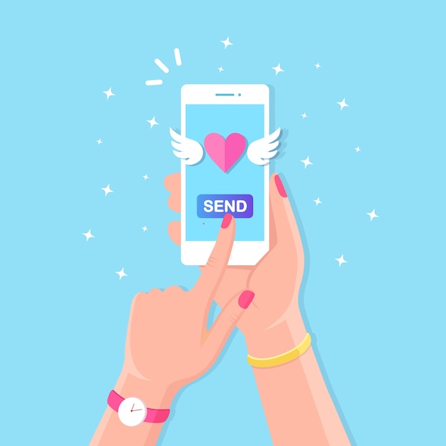 Valentinstag Illustration Senden Oder Empfangen Sie Liebes Sms Briefe E Mails Mit Dem Handy Weisses Handy In Der Hand Auf Hintergrund Fliegendes Rotes Herz Mit Flugeln Premium Vektor