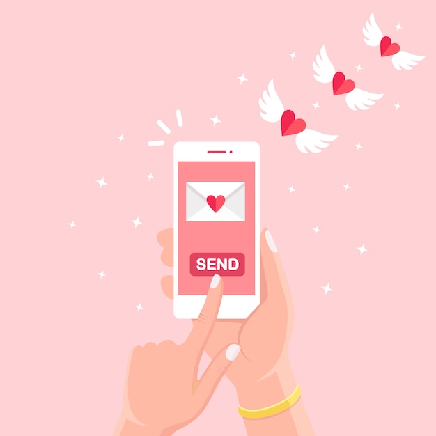 Premium Vektor Valentinstag Illustration Senden Oder Empfangen Sie Liebes Sms Briefe E Mails Mit Dem Handy Weisses Handy In Der Hand Lokalisiert Auf Hintergrund Fliegender Umschlag Mit Rotem Herzen Flugeln Flaches Design