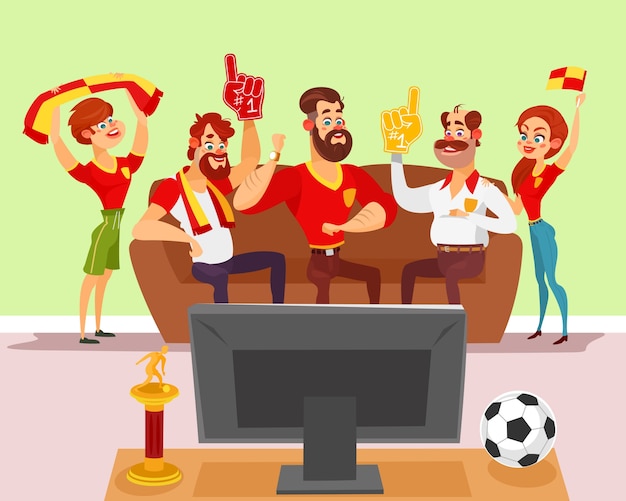Vector cartoon illustration einer gruppe von freunden beobachten ein fußballspiel im fernsehen Kostenlosen Vektoren