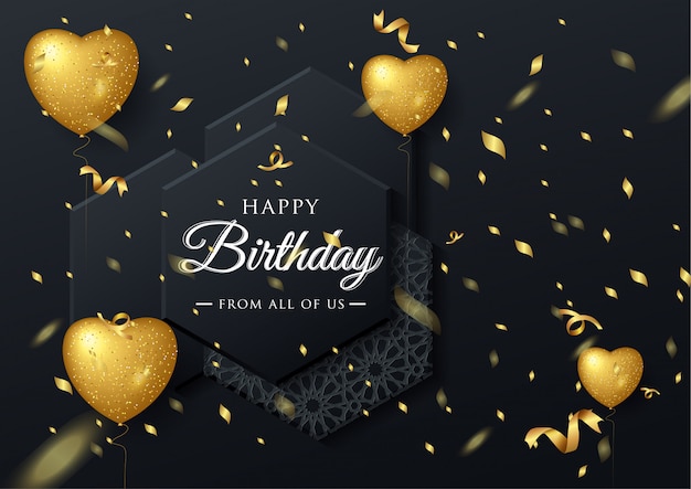 Vector elegante grußkarte des geburtstages mit goldballonen und fallenden konfettis Premium Vektoren
