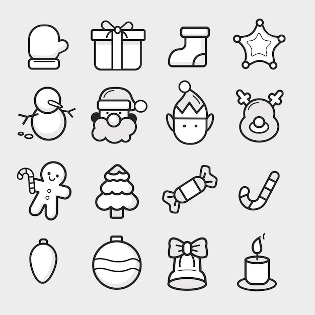 Vector graustufen- und schwarzweihnachtsikonensatz Premium Vektoren