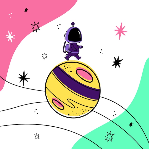 Vector illustration eines astronauten, der auf einen planeten im raum geht. Premium Vektoren