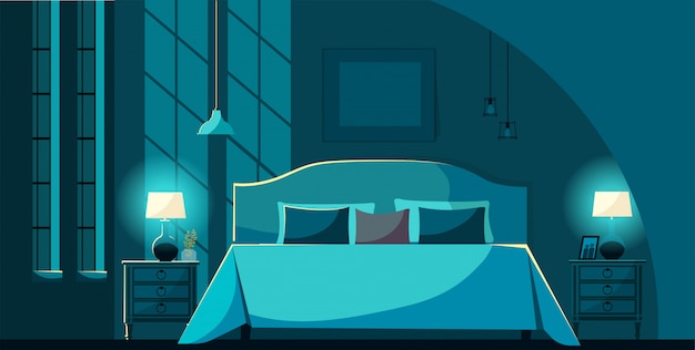 Vector Schlafzimmerinnenraum Nachts Mit Mobeln Bett Mit Vielen Kissen Im Mondschein Schlafzimmer Interieur Nachttische Beleuchtung Lampen Und Fenster Flache Karikaturart Vektorillustration Premium Vektor