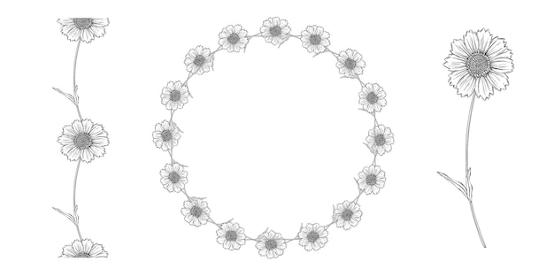 Vector schwarzweiss-konturnblumenanordnung mit kamillenblumen Premium Vektoren