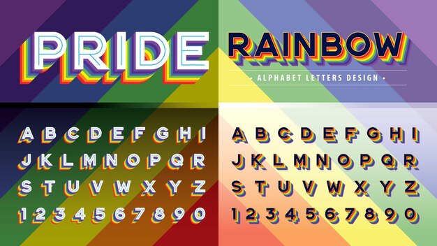 Vektor Der Regenbogenflagge Farbt Alphabetbuchstaben Und Zahlen Retro Schriften Stolz Regenbogenschattenbrief Premium Vektor