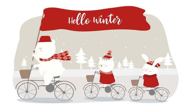 Vektor Des Letzten Winters Mit Einem Baren Einer Katze Und Einem Kaninchen Auf Einem Fahrrad Kostenlose Vektor