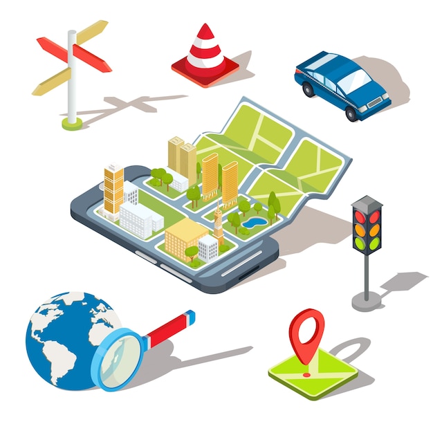 Vektor-Illustration des Konzepts der Verwendung der mobilen Anwendung der globalen Positionierung System. Kostenlose Vektoren Vektor-Illustration des Konzepts der Verwendung der mobilen Anwendung der globalen Positionierung System. Kostenlose Vektoren