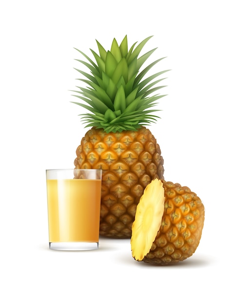 Vektor Reife Ganze Und Geschnittene Ananas Mit Glas Saft Lokalisiert