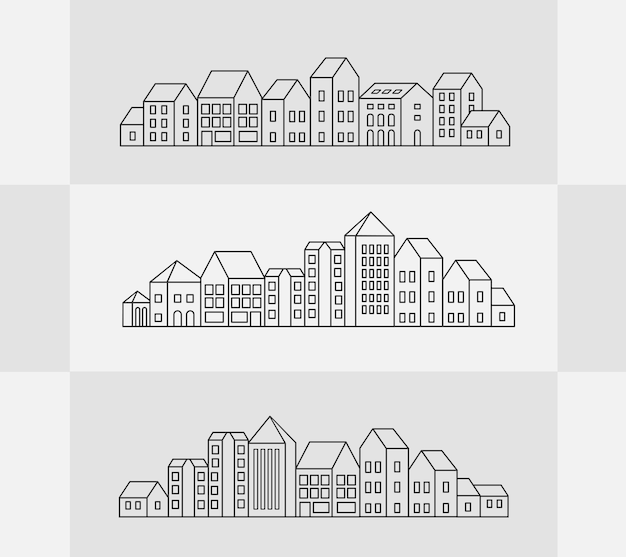 Vektorsatz linearer städtischer gebäude und illustrationen