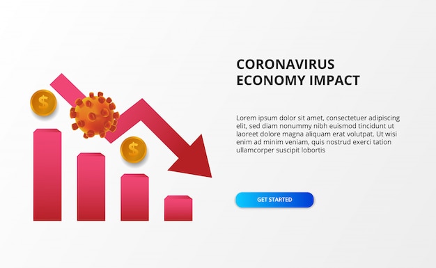 Verbreiten Sie Die Auswirkungen Der Coronavirus Wirtschaft Wirtschaft Runter Und Fallen Hit Aktienmarkt Und Weltwirtschaft Grafik Mit 3d Virus Und Rotem Barischen Pfeilkonzept Premium Vektor