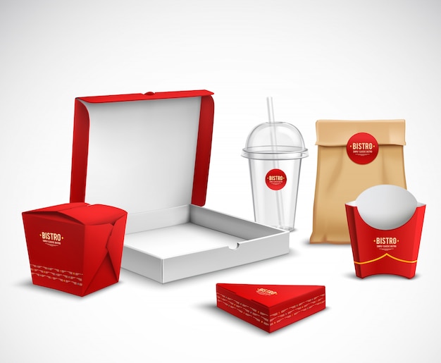 Verpackung Fast Food Realistic Set Kostenlose Vektor