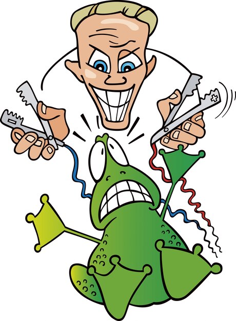 Verruckter Wissenschaftler Und Frosch Premium Vektor