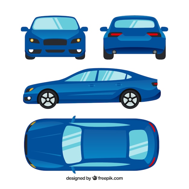 Verschiedene ansichten des modernen blauen autos  
