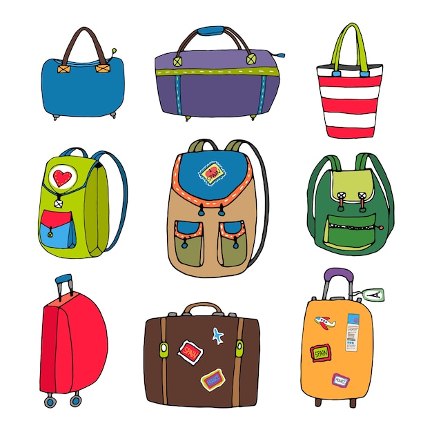 Vielzahl bunte gepäcktaschen rucksäcke und koffer isoliert ...
