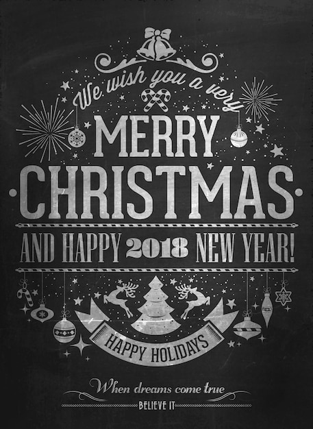 Vintage Frohe Weihnachten Und Happy New Year Kalligraphische Und Typografische Hintergrund Mit Kreide Word Art On Blackboard Premium Vektor