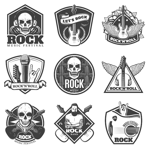 Vintage monochrome rockmusik embleme set | Kostenlose Vektor Vintage Music Logos