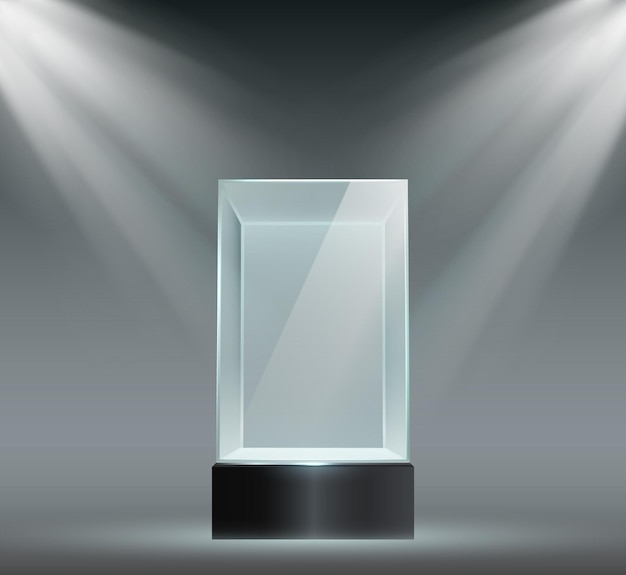 Vitrine aus glas. transparenter plastikwürfel, leeres