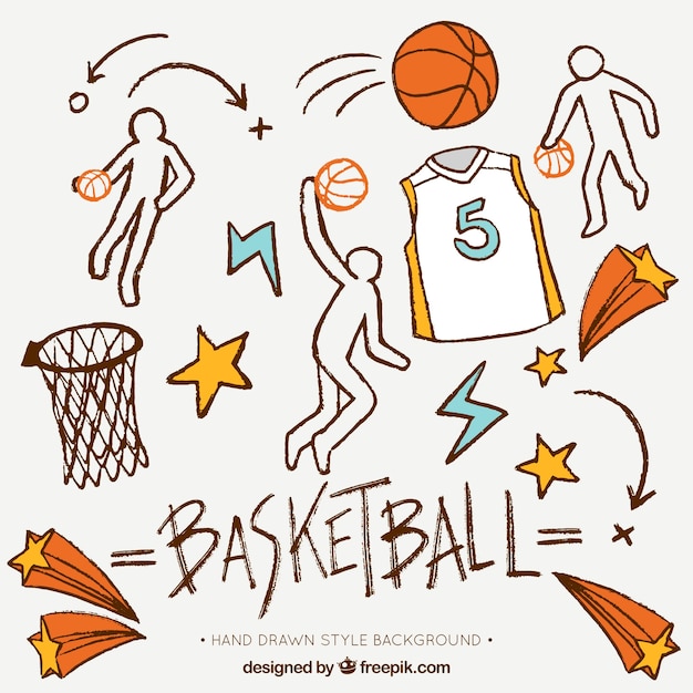 Von hand gezeichnet hintergrund mit dekorativen elementen basketball