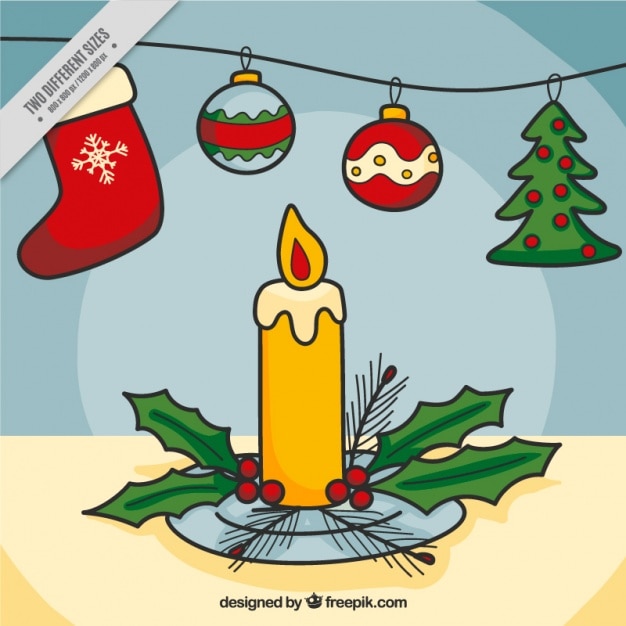 Von Hand Gezeichnet Hintergrund Weihnachten Mit Einer Kerze Und Mistel Kostenlose Vektor
