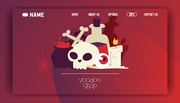 Voodoo-shop-landingpage oder website-design. giftige substanzen und flüssigkeiten im kessel und in der großen flasche. brennende kerze, totenkopf mit gekreuzten knochen und augapfel. Premium Vektoren