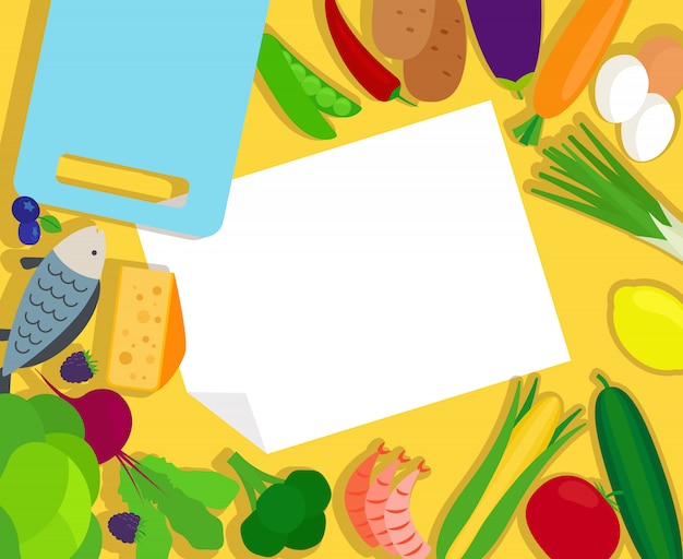 Vorlage für gesundes essen und leeres papier Premium Vektoren