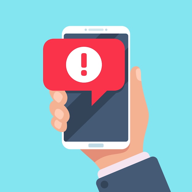 Warnmeldung auf dem smartphone-bildschirm. virusproblem oder spam-benachrichtigungskonzept Premium Vektoren