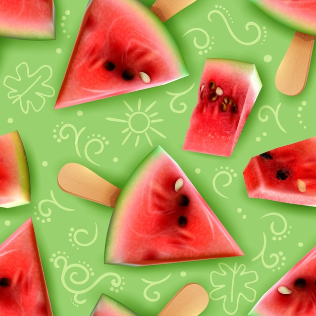 Wassermelonenbissgrosse Stucke Auf Einem Stock Sommer Snacks Dienen Ideen Realistische Appetitliche Nahtlose Patten Vektor Illustration Kostenlose Vektor