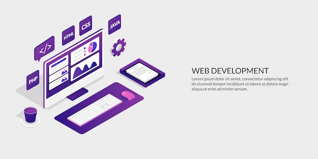 Web-entwicklung & user interface design-konzept, isometrische website-entwicklungstools Premium Vektoren