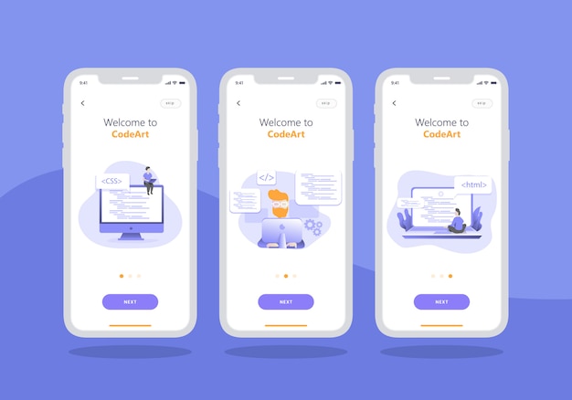 Web-entwicklungsagentur app-set von onboarding-bildschirm mobile ui-design Premium Vektoren