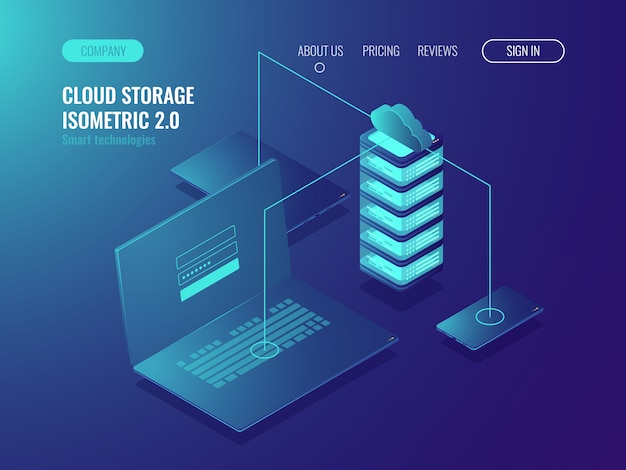 Webhosting-lösung, cloud-server-datenspeicherung, datenübertragung und datenübertragung Kostenlosen Vektoren