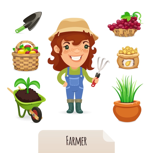 Weibliche landwirt icons set Premium Vektoren