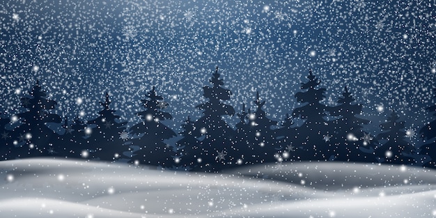 Weihnachten, nacht snowy woodland landschaft. winterhintergrund