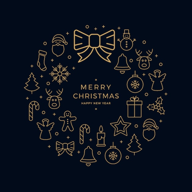 Weihnachts goldene symbol kranz elemente kreis schwarzer hintergrund