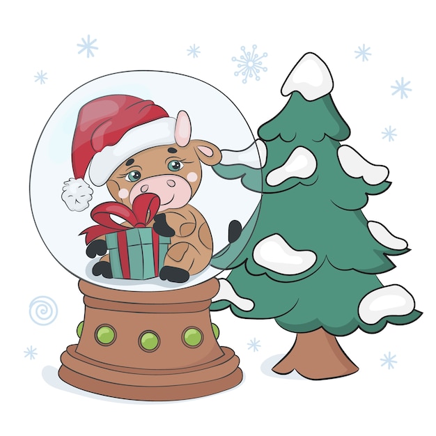 Weihnachtsbaum Bull Frohe Weihnachten Neujahr Winter Cartoon Urlaub Clipart Vektor Illustration Premium Vektor