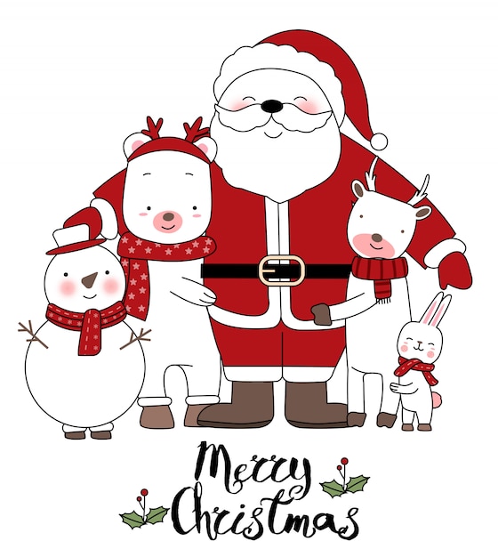 Weihnachtsdesign mit netter gezeichneter art der tierkarikatur hand Premium Vektoren