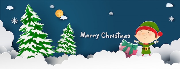 Weihnachtsfeiern mit niedlichen elfen für weihnachtskarte im papierschnitt stil Premium Vektoren