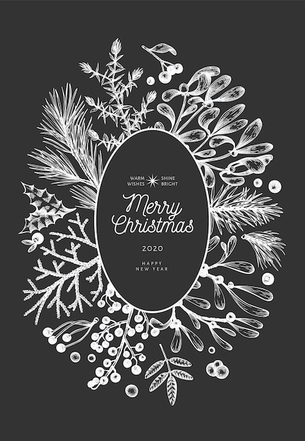 Weihnachtshand gezeichnete grußkartenschablone. weinleseartwinter pflanzt illustration auf kreidebrett Premium Vektoren