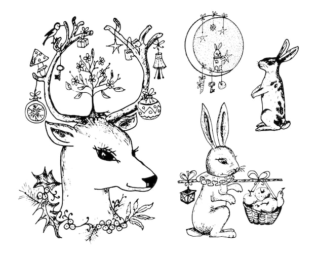 Weihnachtshirsch Und Tier Mit Blumen In Den Hornern Neujahrshase Und Kaninchen Oder Hase Im Wald Premium Vektor
