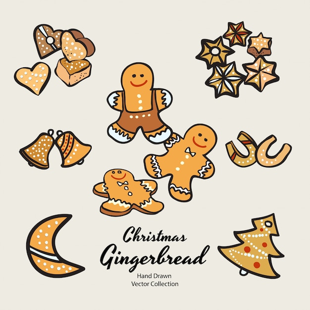 Weihnachtslebkuchenplatzchen Stellten Hand Gezeichnete Illustration Ein Vintage Traditionelle Backen Weihnachten Marzipan Glasur Kekse Premium Vektor