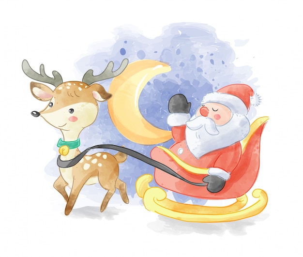 Weihnachtsmann auf pferdeschlitten- und rotwildillustration Premium Vektoren