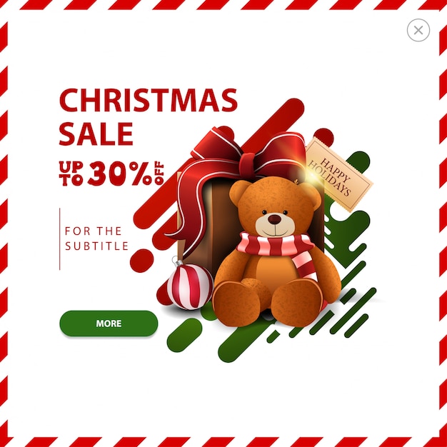 Weihnachtsverkauf banner, bis zu 30% rabatt, rot und grün rabatt pop-up mit abstrakten flüssigen formen und präsentieren mit teddybär Premium Vektoren