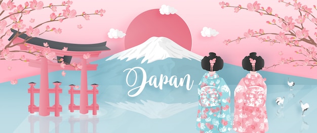 Weltberühmte wahrzeichen japans mit fuji-berg und frauen im kimono-kleid Premium Vektoren
