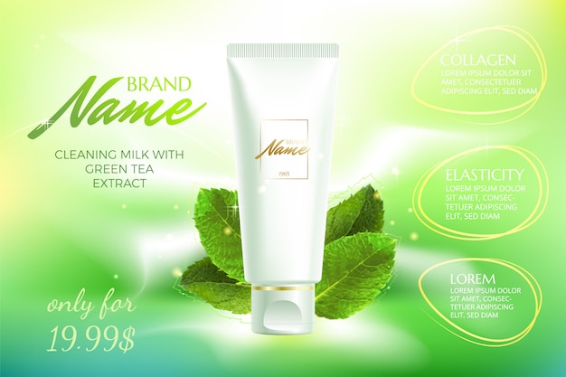 Werbeplakat kosmetik shampoo, lotion, duschgel mit extrakt- oder minzgeschmack. Premium Vektoren
