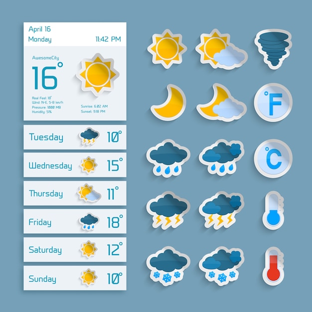 Wetter Erweiterte Prognose Computer Papier Dekorative Widgets Mit Sonne Wolken Regen Und Schnee Symbole Vektor Illustration Kostenlose Vektor