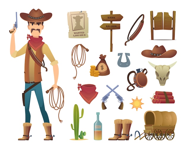 Wild-west-cartoon. saloon cowboy western lasso symbole bilder isoliert