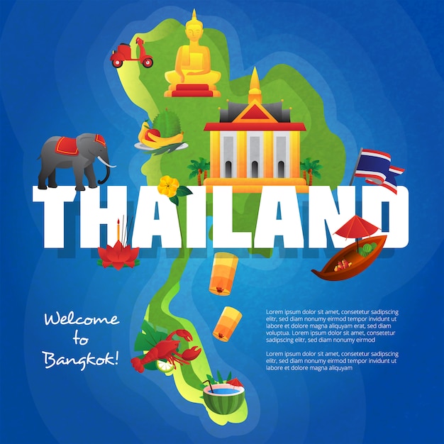 Willkommen Zum Bangkok Reiseburoplakat Mit Kulturellen Symbolen Auf Thailand Karte Kostenlose Vektor